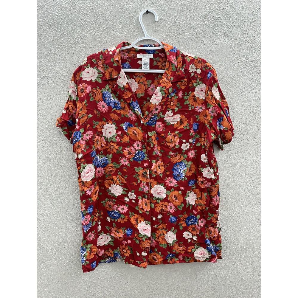 Jones New York Sport Womens Shirt Size 12 Red Floral Short Sleeve Button Up